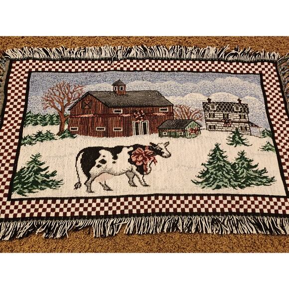 Vintage Tapestry Rug Country Christmas Cow Barn Rustic Farmhouse Table 20x36 - Picture 2 of 11